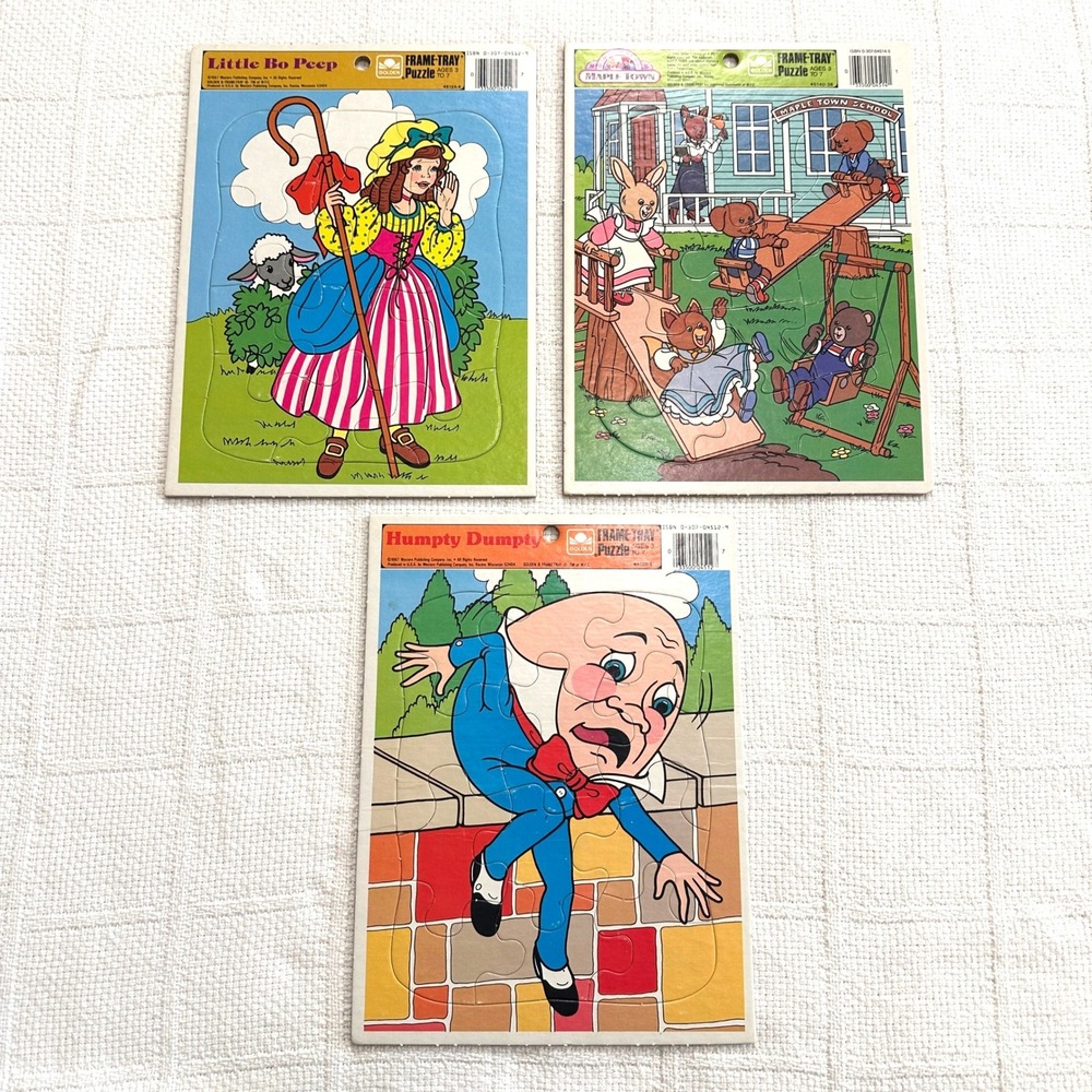 VTG 80s Golden Frame Tray Puzzles Lot 3 Maple Town Humpty Dumpty Bo Peep Nursery